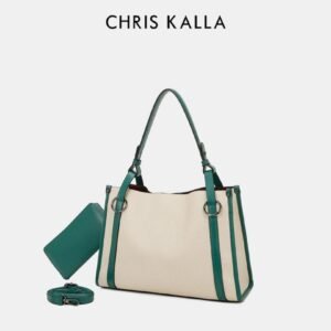 Sac à Main Femme Bicolore Beige Vert Émeraude + Pochette