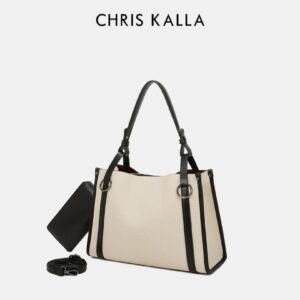 Sac à Main Femme Bicolore Beige Noir Chris Kalla + Pochette