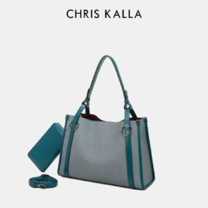 Sac à Main Femme Bleu Canard Gris Bicolore Chris Kalla + Pochette