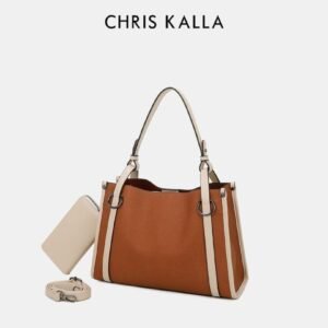 Sac à Main Femme Cognac Beige Bicolore Chris Kalla + Pochette
