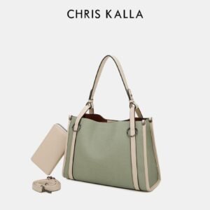 Sac à Main Femme Vert Sauge Beige Bicolore Chris Kalla + Pochette