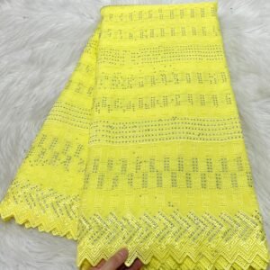 Dentelle Suisse Brodée Premium - Jaune Citron avec Strass Argentés